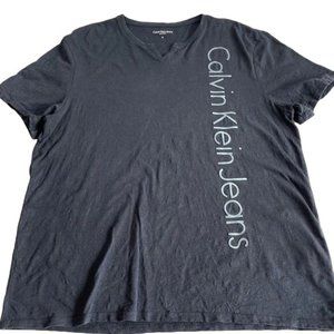 Calvin Klein Black Off Placement Spell Out Logo V-Neck T-Shirt Size XL